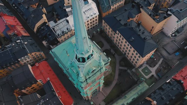 STOCKHOLM, SWEDEN - FEBRUARY, 2020: Aerial view of cathedral in Stockholm old city centre Gamla stan.