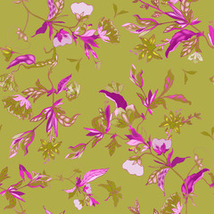 Delicate floral ornament of branches, leaves and inflorescences on a pink background. Seamless pattern.