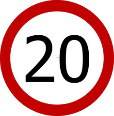 Speed limit 20 kmh or 20 mph sign on white background