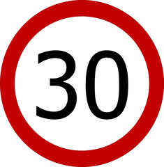 Speed limit 30 kmh or 30 mph sign on white background