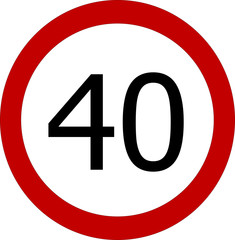 Speed limit 40 kmh or 40 mph sign on white background
