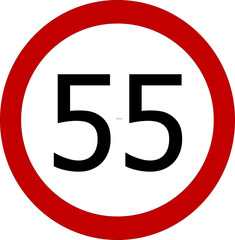 Speed limit 55 kmh or 55 mph sign on white background