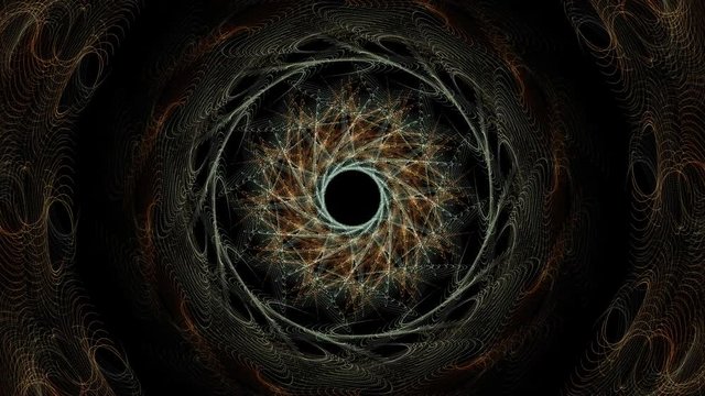 Slowly evolving kaleidoscopic concentric patters on black background