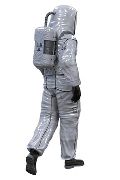 Man in a biohazard suit isolated on white 3d illustration