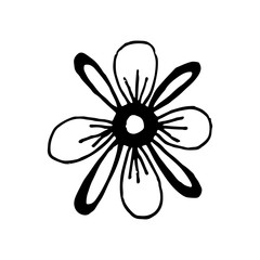 Set of flat flower icons in silhouette isolated and love lettering. Simple retro designs in black and white.