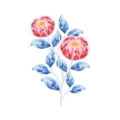 single branch of vintage red peony bud and blue leaf elements for wedding invitation, card, logo, or floral icon