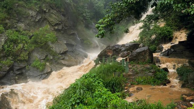 4k footage of mudflow and powerful water stream in the mountains during heavy rain in ht emountains