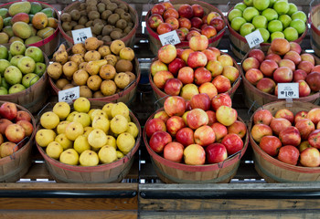 Baskets of fresh produce at a farm market