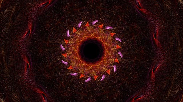 Slowly evolving kaleidoscopic concentric patters on black background