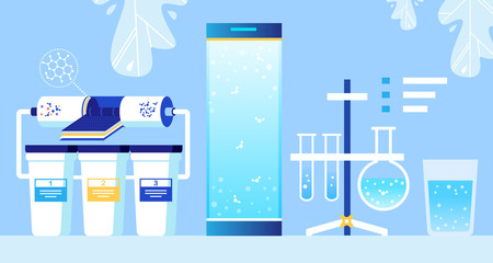 Cartoon Water Cleaning Nanofiltration System with Nanofilter and Three Reservoirs, Flasks with Chemicals on Tripod, Purified Aqua in Glass. Vector Flat Illustration with Foliage Decoration