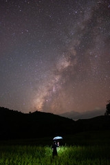 The stars and the milky way in the dark sky at night are very beautiful.