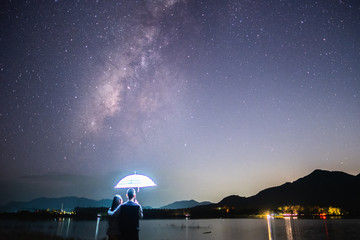 The stars and the milky way in the dark sky at night are very beautiful.