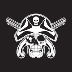pirate skull with eye patch and cross gun tattoo. skull logo. vector illustration