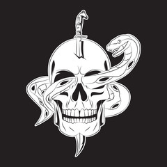 sword pierce on skull and snake tattoo. skull logo. vector illustration
