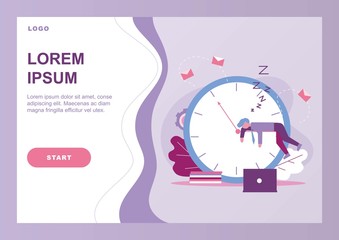 Landing Page with Cartoon Procrastinating Businessman Character Sleeping on Clock Hands and Postponing Work. Useless Pastime, Unprofitable Time Spending at Workplace. Vector Flat Illustration - obrazy, fototapety, plakaty
