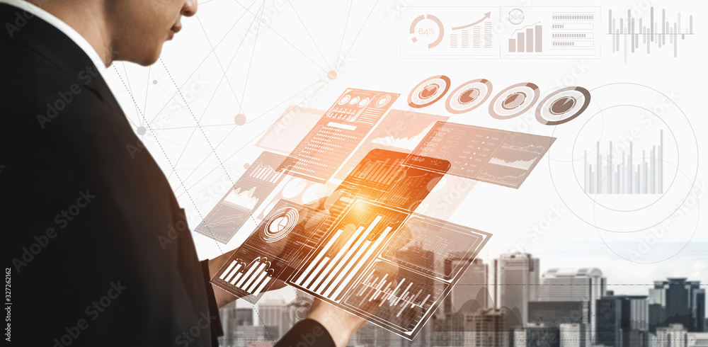 Poster big data technology for business finance analytic concept. modern graphic interface shows massive in