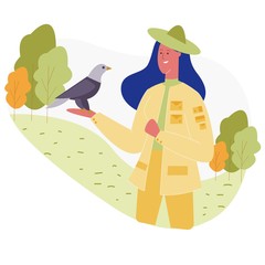 Woman Spend Time in Animal Park Admiring Bird Sitting on Hand. Girl Character Having Outdoors Leisure in Open Air Zoo on Beautiful Landscape Nature Sparetime, Vacation Cartoon Flat Vector Illustration