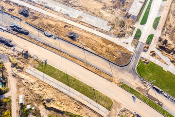 aerial top down view on road construction site. road junction under construction