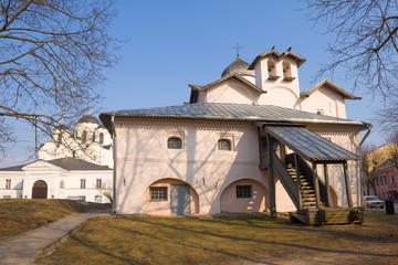 Ancient Church of the Myrrh Bearing Women (1510) on Yaroslav courtyard in April afternoon. Veliky...