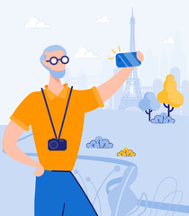 Positive Retired Man, Finally Having Desire, Money and Time to Travel. Going on European Tour After Retirement. Sightseeing with Camera. Grey Gentleman, Wearing Glasses, Taking Selfie.