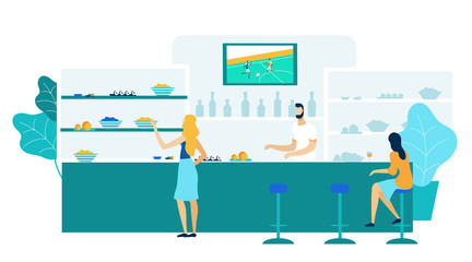 Young Women in Bar, Pub Flat Vector Illustration. Tavern Customers and Bartender Cartoon Characters. Woman making Order, Lady Watching Football Game on Television. Counter with Snacks and Drinks
