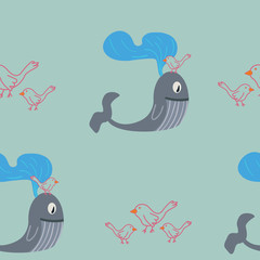 Vector Green Whale and Bird Pattern seamless pattern background. Perfect for Fabric, Scrap booking, Wallpaper and crafting projects.