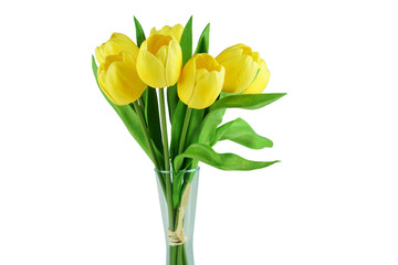 close up on artificial yellow tulip in the vase