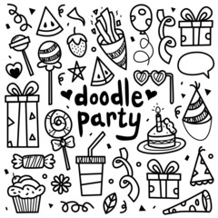 doodle collection set of party element on isolated white background. doodle party