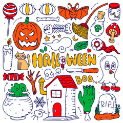 set of doodle halloween object element hand drawn style