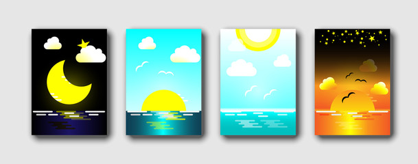 Daytime sea. Morning, day and night skyline, Ocean in different time and sea sky. Abstract background vector illustration set.