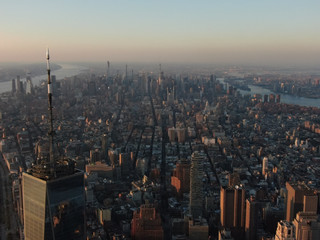 New York skyline with world trade center wtc in sunset, aerial photography