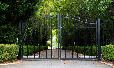 Black metal wrought iron driveway property entrance gates with lush green hedge and garden trees