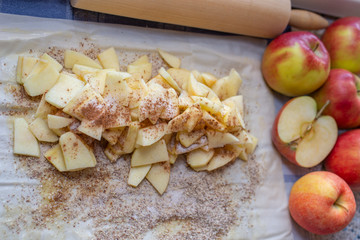 Healthy Home made sweet Apple strudel with apples, cinnamon on a table