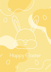 Happy Easter card. Abstract vector colorful illustration for banner, print, invitation. Outline rabbit head, little egg and smooth shapes on yellow background. Linear bunny. Geometric typography.