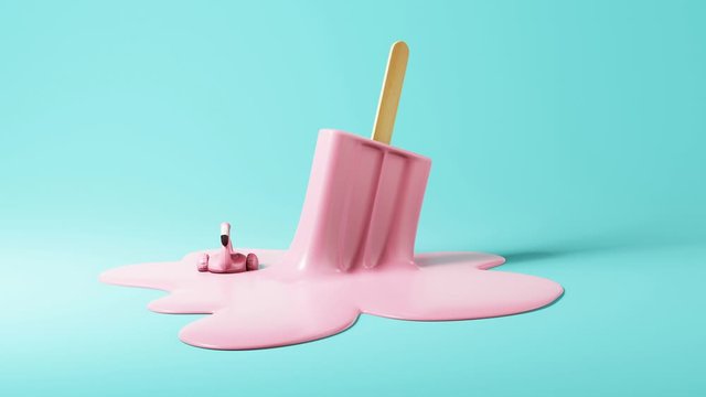 Flamingo float rotate around ice cream on pastel blue background. Seamless looped animation. Minimal summer concept. 3d rendering