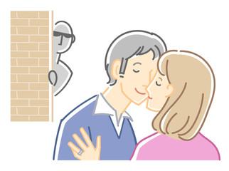 男女二人のイラスト（キスと目撃者・不倫）カラー