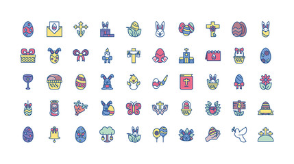 happy easters day icons set, line style and colorful design