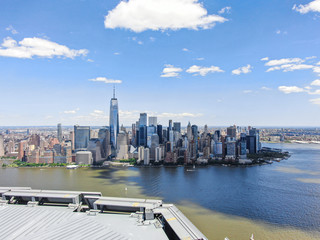 Jersey City Goldman Sachs with New York skyline in daytime, aerial photography