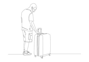One continuous line drawing of standing  traveler with baggage