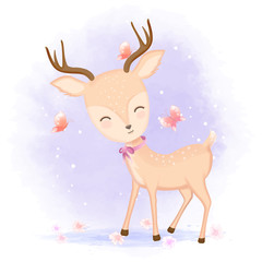 Cute deer with butterflies hand drawn cartoon illustration watercolor background