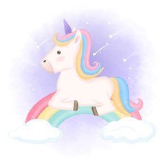 Cute unicorn relaxing on rainbow hand drawn animal watercolor illustration