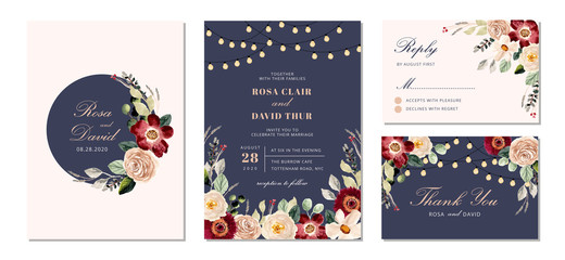wedding invitation suite with string light and floral watercolor