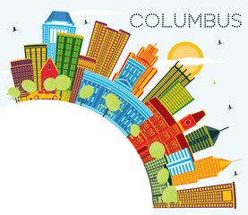 Columbus Ohio City Skyline with Color Buildings, Blue Sky and Copy Space.