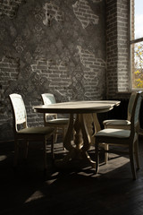 A set of furniture for the kitchen in the loft interior.
