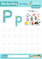 Letter P uppercase and lowercase tracing practice worksheet A4