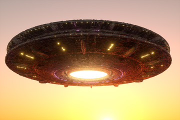UFO, an alien plate soars in the sky, hovering motionless in the air. Unidentified flying object, alien invasion, extraterrestrial life, space travel, humanoid spaceship. 3D render, 3D illustration © Aliaksandr Marko