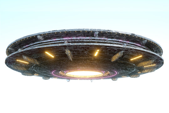 UFO, an alien plate soars in the sky, hovering motionless in the air. Unidentified flying object, alien invasion, extraterrestrial life, space travel, humanoid spaceship. 3D render, 3D illustration