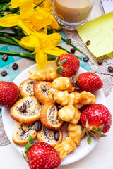 strawberry, heart a Cup of grain black coffee, with yellow flowers and a leaf for a note with a Valentine's day mother woman Easter