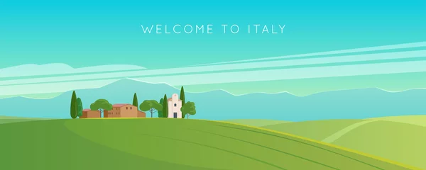 Wandcirkels tuinposter Italië. Italiaans landschap. Breed panorama landelijk landschap in de lente of zomer. Weiden, bergen en huizen. vector illustratie © Genestro