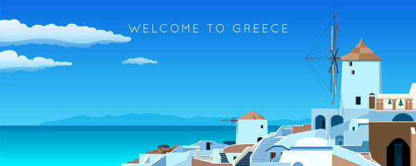 Santorini island. Greece landscape. Wide panorama old town in spring or summer. Sea, mountains, windmill and houses. Vector illustration - obrazy, fototapety, plakaty